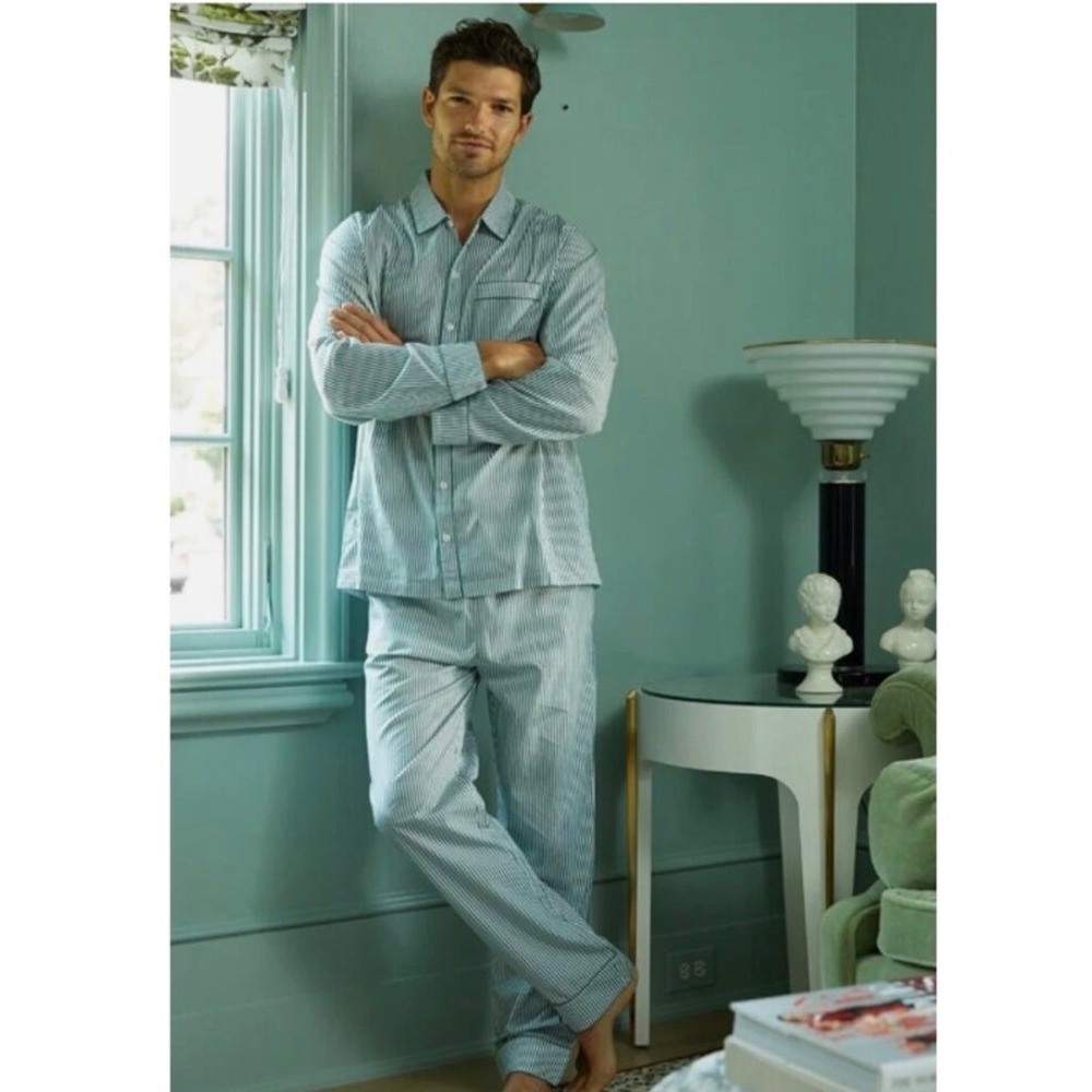 LAKE Poplin Pajama Set Mens XXS Evergreen Striped Long Sleeve Button Front 2pc